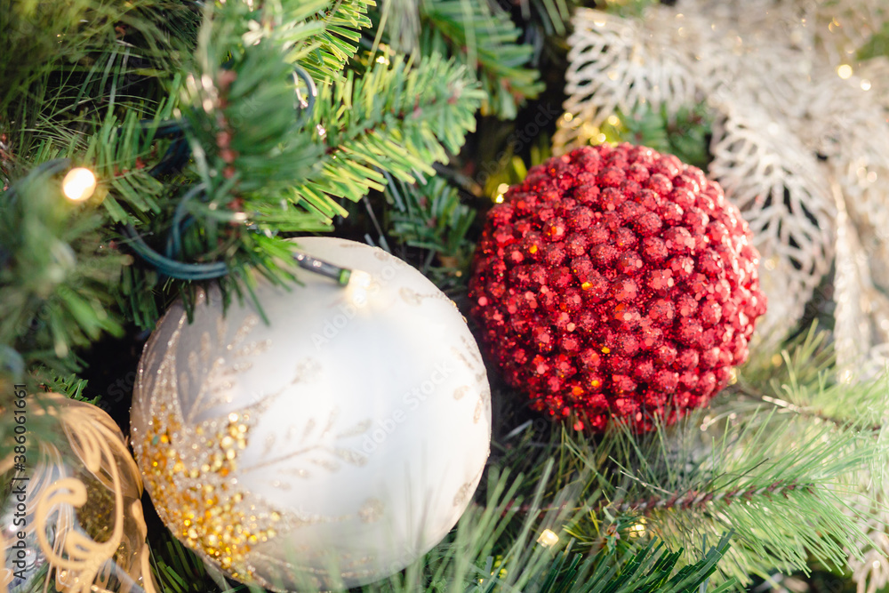 Christmas balls hanging on pine branches