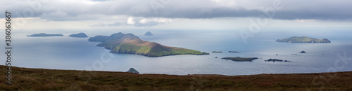 Panorama of The Blasket Islands viewed from Mount Eagle (Sliabh an Iolair) on the Dingle Peninsula along the Wild Atlantic Way in Ireland photo