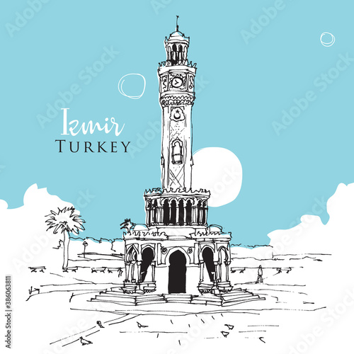 Drawing sketch of the clock tower at Konak Square in Izmir, Turkey