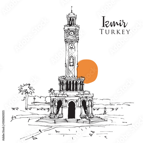 Drawing sketch of the clock tower at Konak Square in Izmir, Turkey