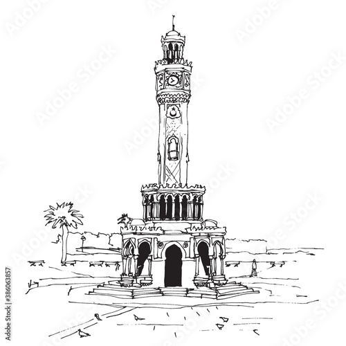 Drawing sketch of the clock tower at Konak Square in Izmir, Turkey