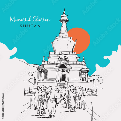 Drawing sketch illustration of the Memorial Chorten in Thimpu, Bhutan photo