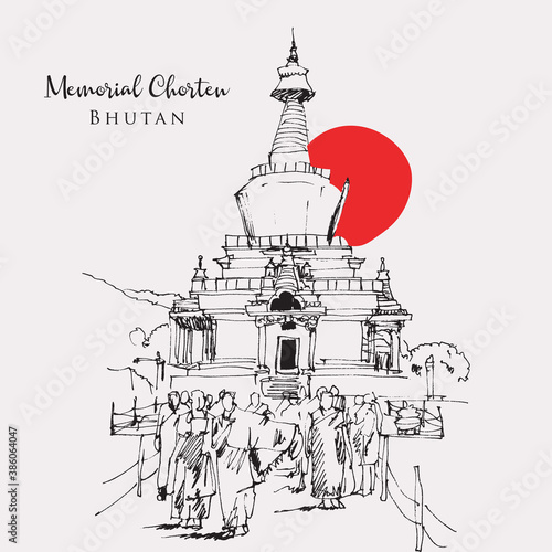 Drawing sketch illustration of the Memorial Chorten in Thimpu, Bhutan