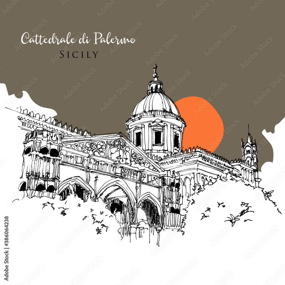 Drawing sketch illustration of Palermo Cathedral, Sicily