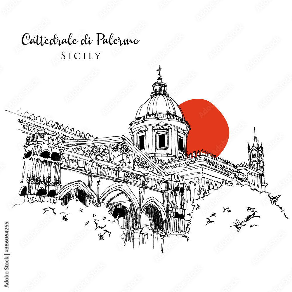 Drawing sketch illustration of Palermo Cathedral, Sicily