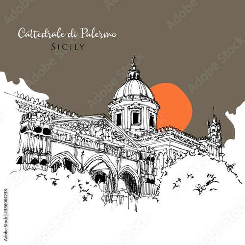 Drawing sketch illustration of Palermo Cathedral, Sicily