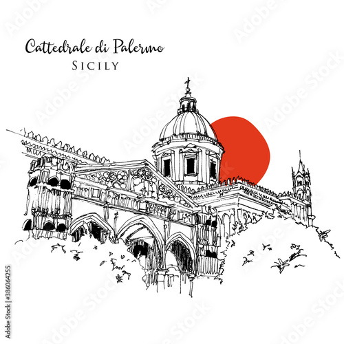 Drawing sketch illustration of Palermo Cathedral, Sicily