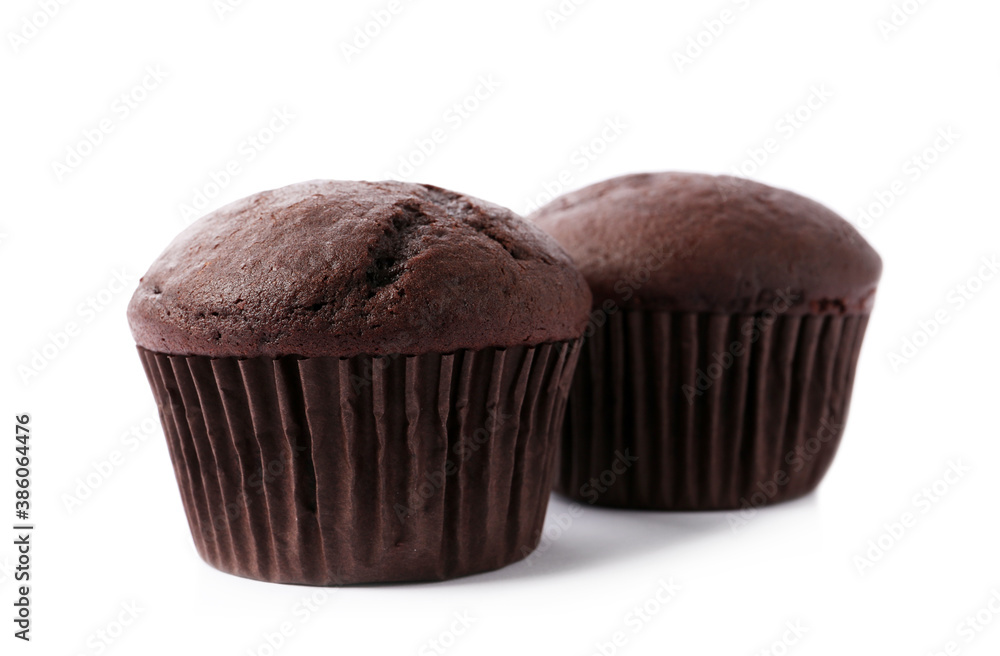 Delicious fresh chocolate cupcakes isolated on white Delicious fresh chocolate cupcakes isolated on white