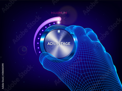 Hand of man tuning power control knob. Artificial intelligence. Maximum power, advantage, skill concept. Sci-fi futuristic style vector illustration.