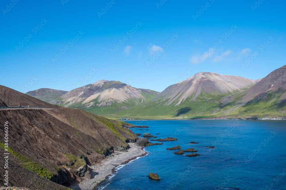 Njardvik bay in east Iceland on a sunny day