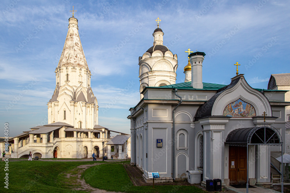 31.08.2020, Moscow, Russia. Historical sights of Moscow. Church of St. George the Victorious and Church of the Ascension of the Lord in Kolomenskoye
