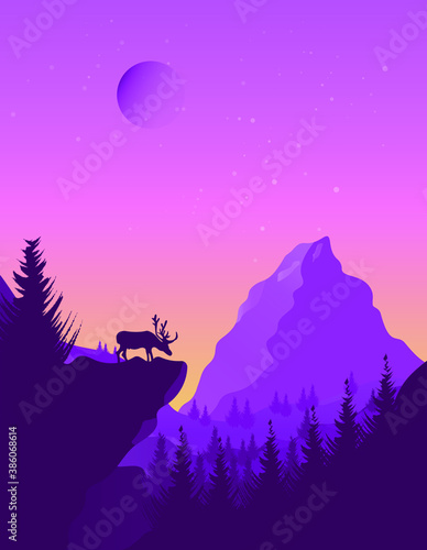 Deer and the mountain in the autumn landscape