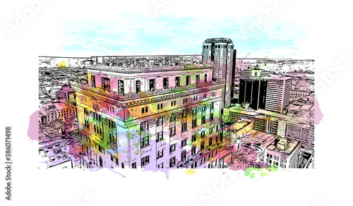 Building view with landmark of Birmingham is a city in the north central region of the U.S. state of Alabama. Watercolor splash with hand drawn sketch illustration in vector.