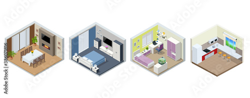 Isometric large luxury modern bright interiors teen room or children's room, bedroom, living dining room, kitchen. Modern interior of real home isolated on white