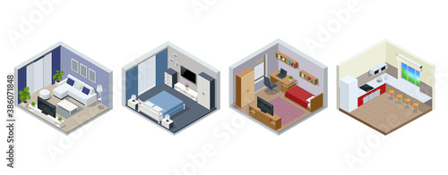 Isometric large luxury modern bright interiors living room, teen room, bedroom, kitchen. Modern interior of real home isolated on white