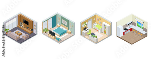 Isometric large luxury modern bright interiors living room, teen room, bedroom, kitchen. Modern interior of real home isolated on white