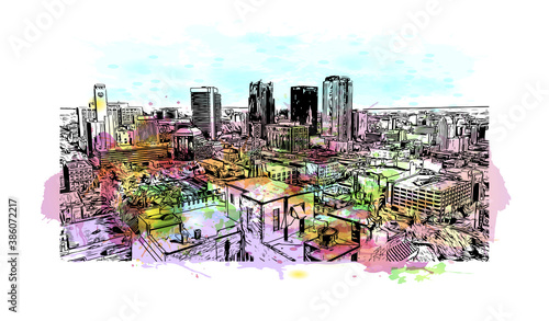 Building view with landmark of Birmingham is a city in the north central region of the U.S. state of Alabama. Watercolor splash with hand drawn sketch illustration in vector. photo