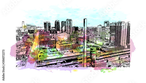 Building view with landmark of Birmingham is a city in the north central region of the U.S. state of Alabama. Watercolor splash with hand drawn sketch illustration in vector.