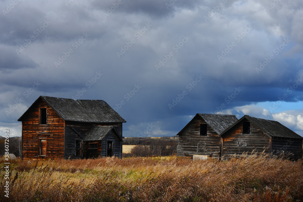 An image of an old abandoned homestead and two wooden granaries under dark stormy skies. An image of an old abandoned homestead and two wooden granaries under dark stormy skies.