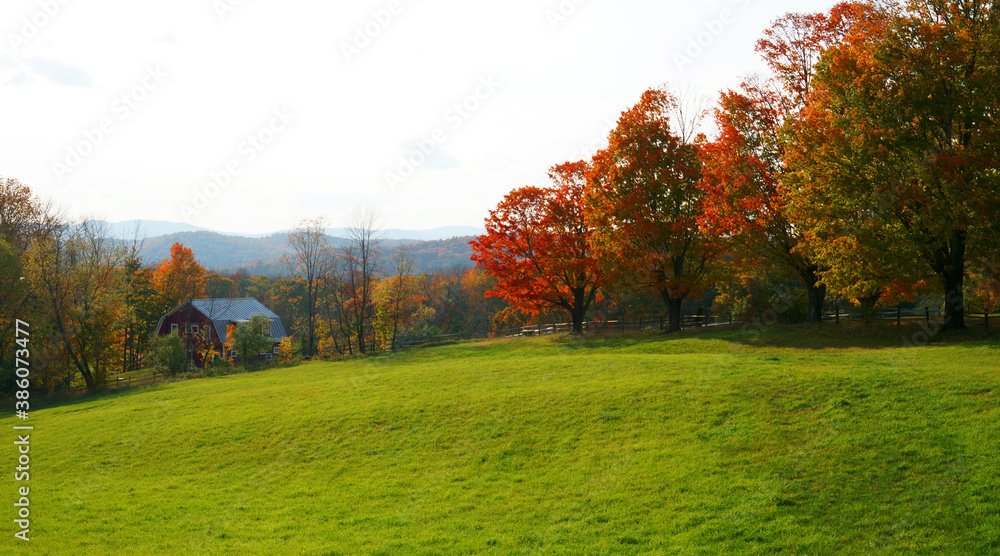 farm house and autumn farmland with colorful trees farm house and autumn farmland with colorful trees