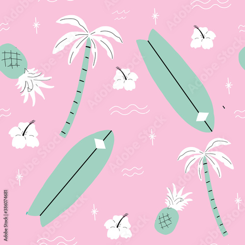 seamless pink and green palm trees pattern. repeating vector beach and surfing pattern with surf boards.