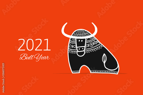 Funny sketch bull. Lunar horoscope sign. Happy new year 2021. Bull, ox, cow. ...