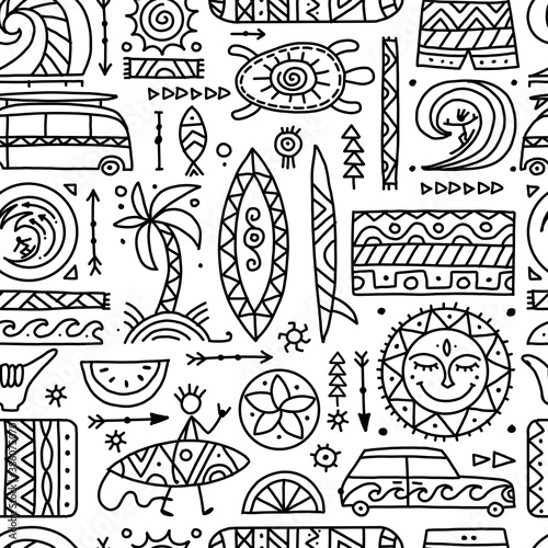 Surfing seamless pattern. Tribal elements for your design