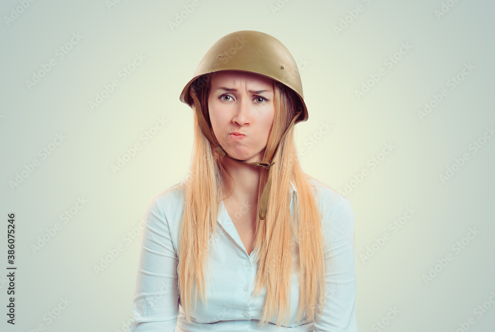 Skeptical Woman in military armor cap Skeptical Woman in military armor cap