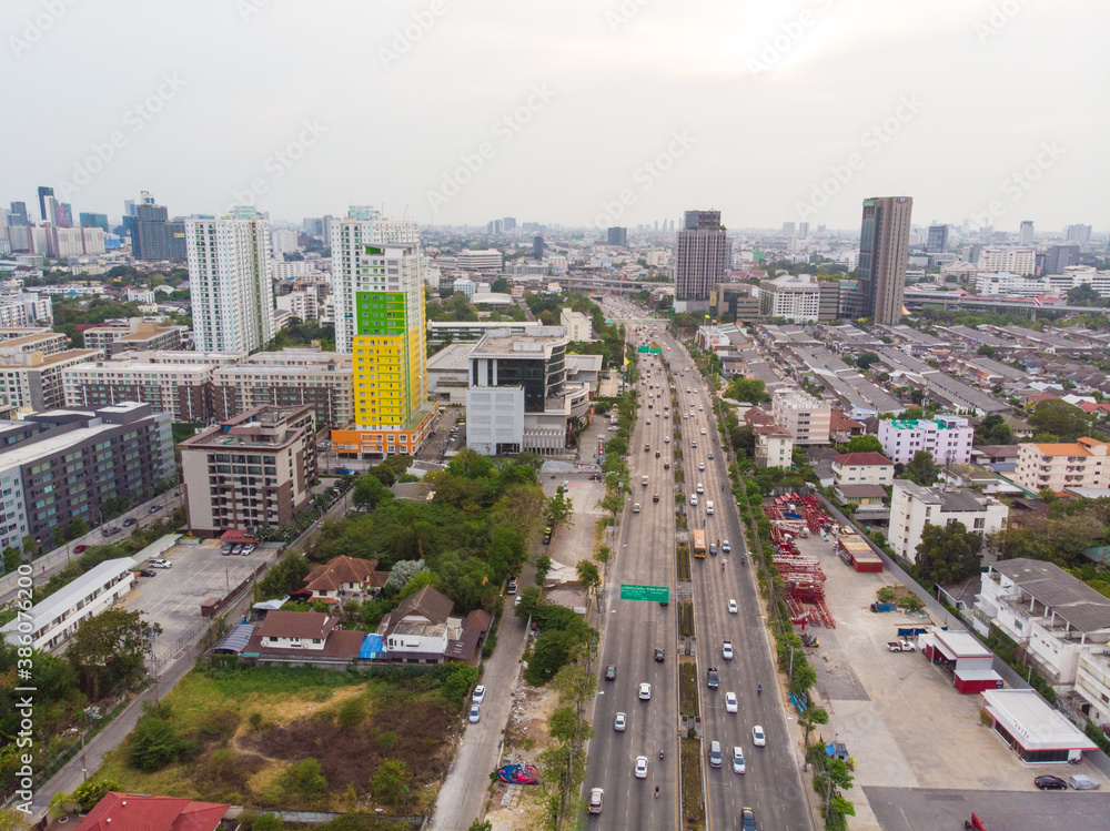 Naklejka premium Aerial view city transport road with vehicle