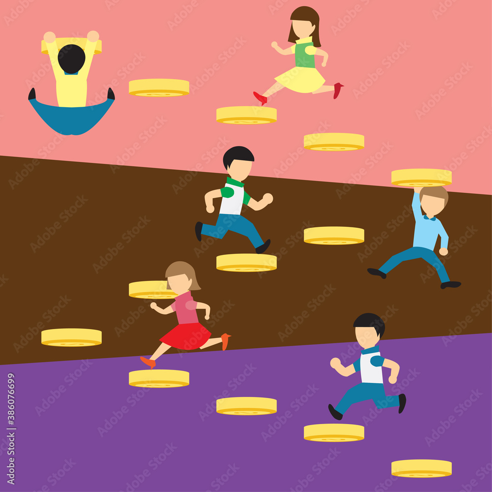 men and women running and hanging on golden coin ladder cartoon vector men and women running and hanging on golden coin ladder cartoon vector