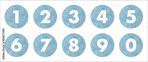 Blue watercolour circle number icons     数字アイコン　水彩の青い円　白抜き数字　