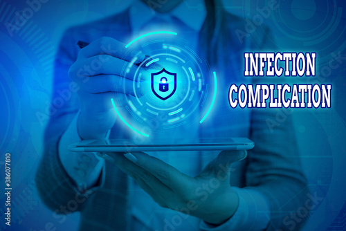 Conceptual hand writing showing Infection Complication. Concept meaning unwanted reaction resulted from an immunosuppression Graphics padlock for web data security application system photo