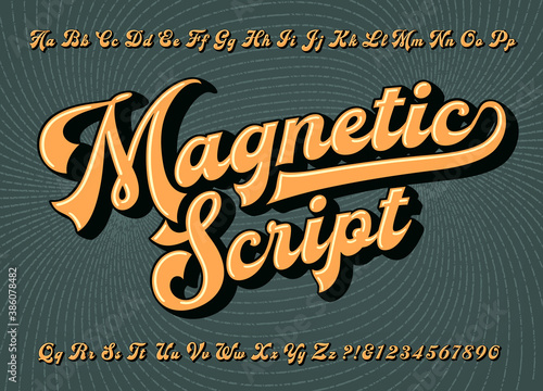 Magnetic Script is a bold stylized calligraphic type design with a retro quality; ideal for beer labels, sports teams, or motorcycle logos.