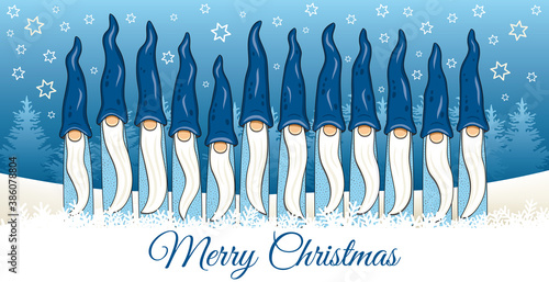Blue Christmas Card with gnome  in a row with jelly bag cap