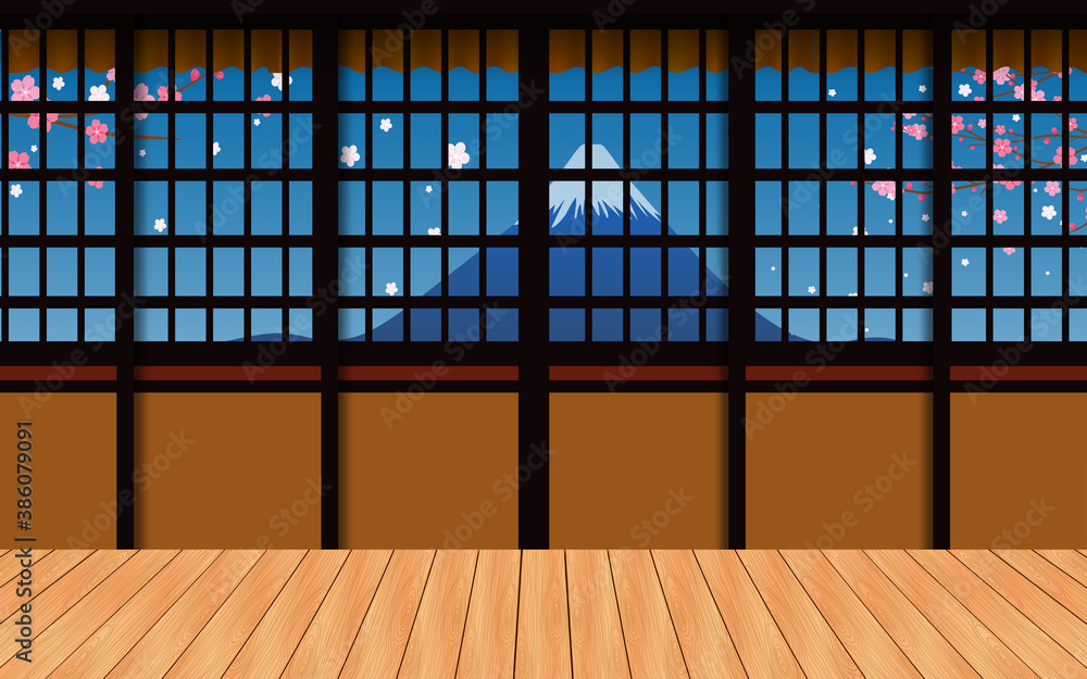 indoor wooden house with fuji mountain background in japan Stock Vector ...