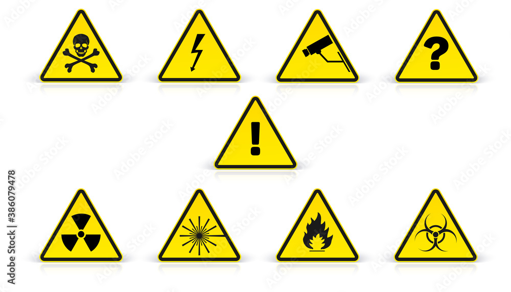 Set of warning sign in yellow triangles isolated on white backgroound with reflection. Vector 3d illustration Set of warning sign in yellow triangles isolated on white backgroound with reflection. Vector 3d illustration