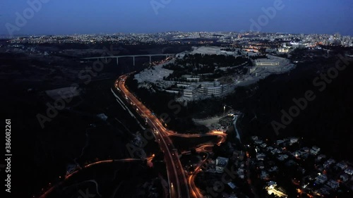 Jerusalem view at sunset aerial 
Drone footage tel aviv and Jerusalem Highway , givat shaul cemetery
 photo