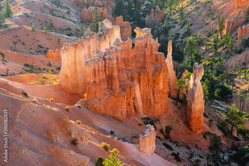 Bryce Canyon National Park, Utah. Red rock formation, sandstone spires, and pine trees in morning sunshine.