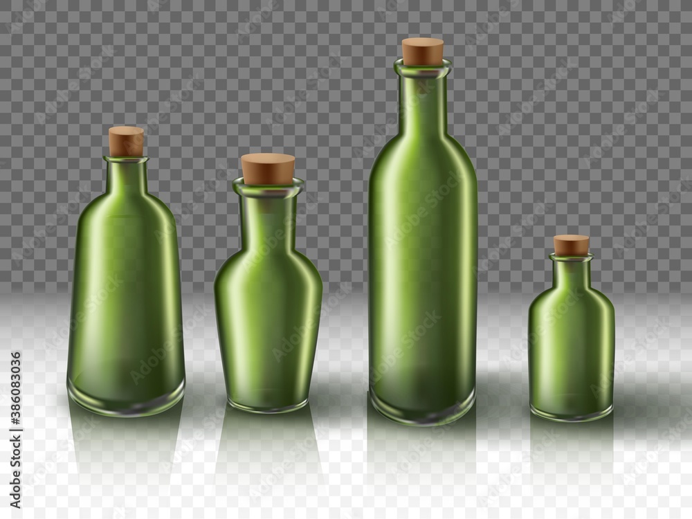 3d realistic vector glass bottles set in green color. 3d realistic vector glass bottles set in green color.