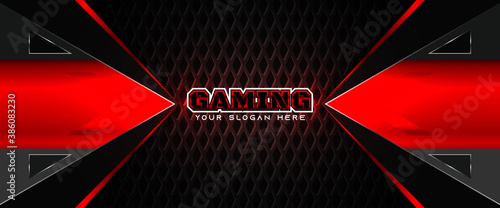 Futuristic red and black abstract gaming banner design template with metal technology concept. Vector illustration for business corporate promotion, game header social media, live streaming background
