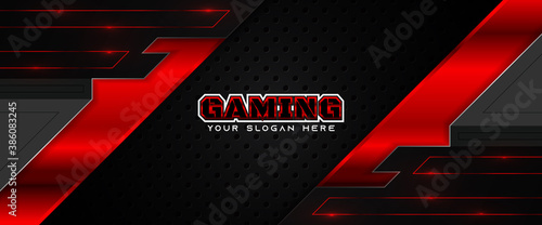 Futuristic red and black abstract gaming banner design template with metal technology concept. Vector illustration for business corporate promotion, game header social media, live streaming background
