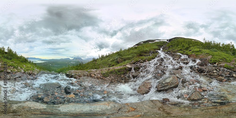 Spherical panorama in the Rihtonjira stream, Norrbotten, Sweden. Equirectangular projection is used