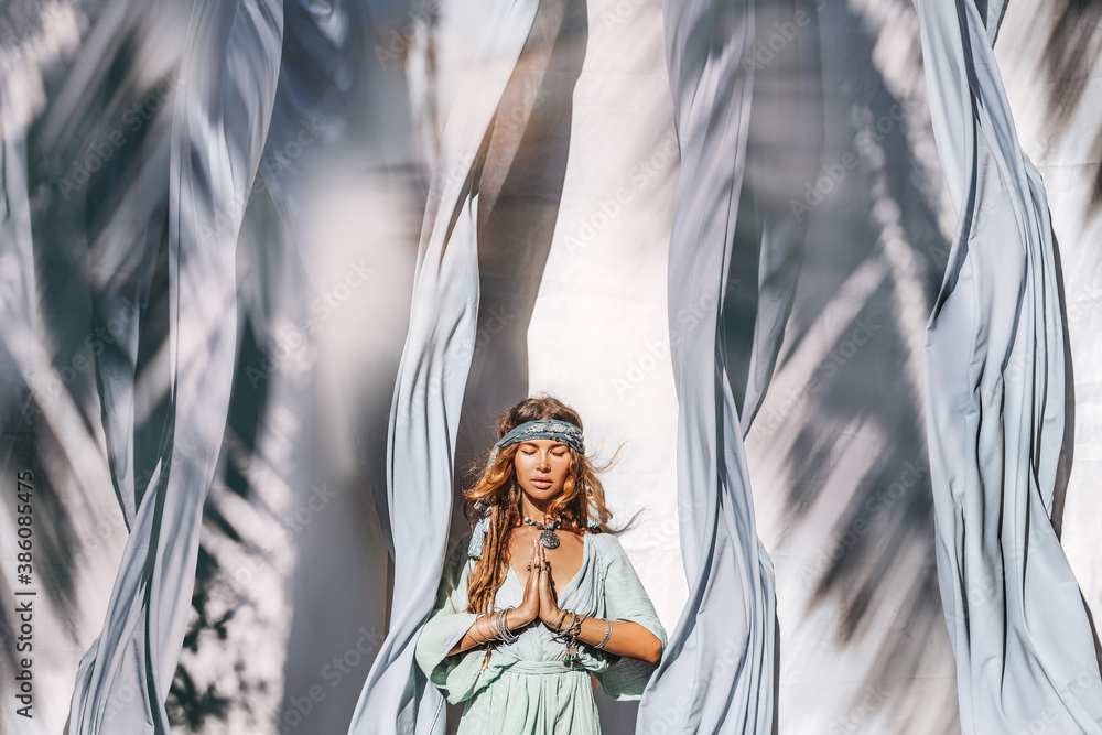 Fototapeta premium beautiful young stylish woman outdoors portrait with fabric