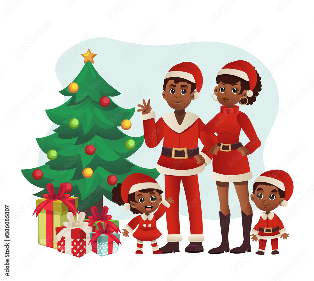 Afro-American family celebrate christmas. Merry Christmas. vector cute cartoon character illustration. Afro-American family celebrate christmas. Merry Christmas. vector cute cartoon character illustration.
