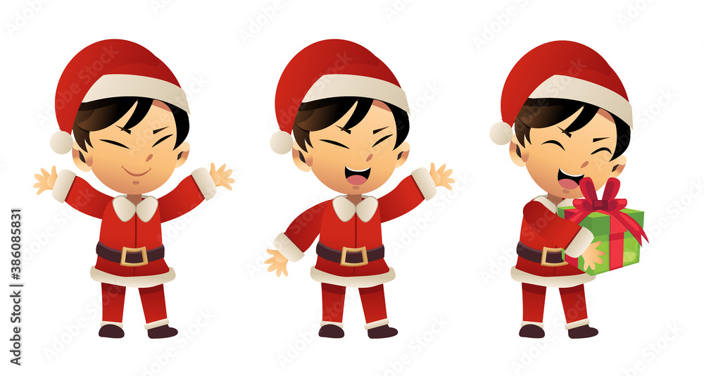 Vector cartoon character of Cute little boy in red christmas costume. Merry christmas , Santa claus Vector cartoon character of Cute little boy in red christmas costume. Merry christmas , Santa claus