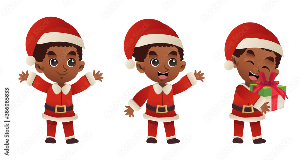 Vector cartoon character of Cute little boy in red christmas costume. Merry christmas , Santa claus Vector cartoon character of Cute little boy in red christmas costume. Merry christmas , Santa claus