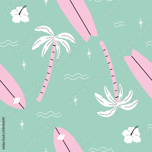 seamless pink and green palm trees pattern with tropical flower. repeating vector beach and surfing pattern with surf boards.