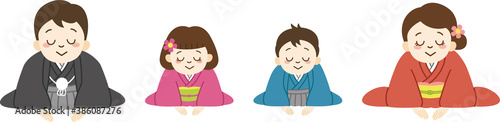 お辞儀をする着物姿の家族（下を向く）