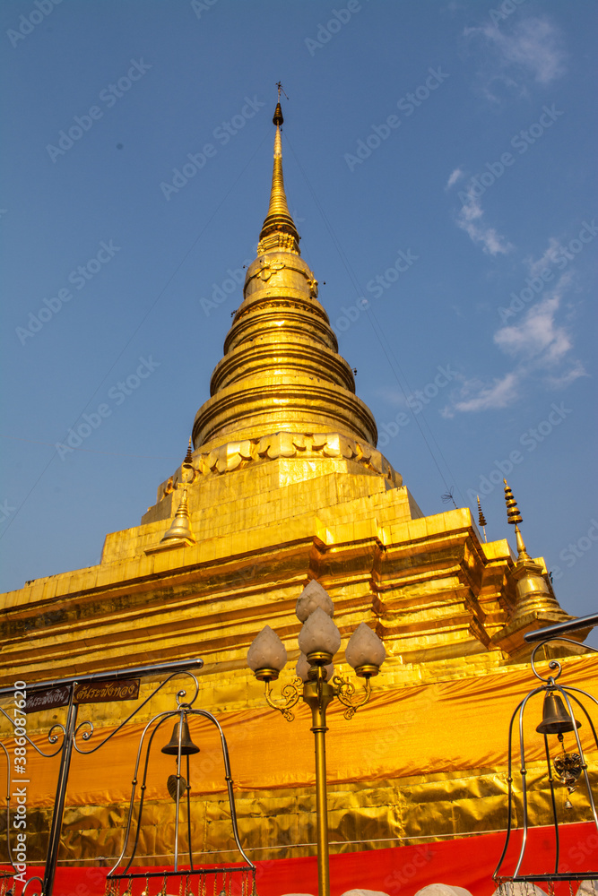 Fototapeta premium Within Wat Phra That Chae Haeng that is a royal temple and an ancient sacred temple to worship of Phu Piang District in Nan province of Thailand