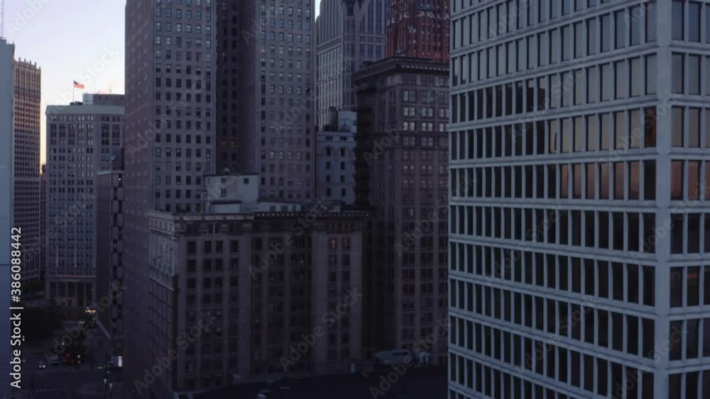 Aerial View Rising Up Skyscraper In Detroit Michigan With Drone Aerial View Rising Up Skyscraper In Detroit Michigan With Drone